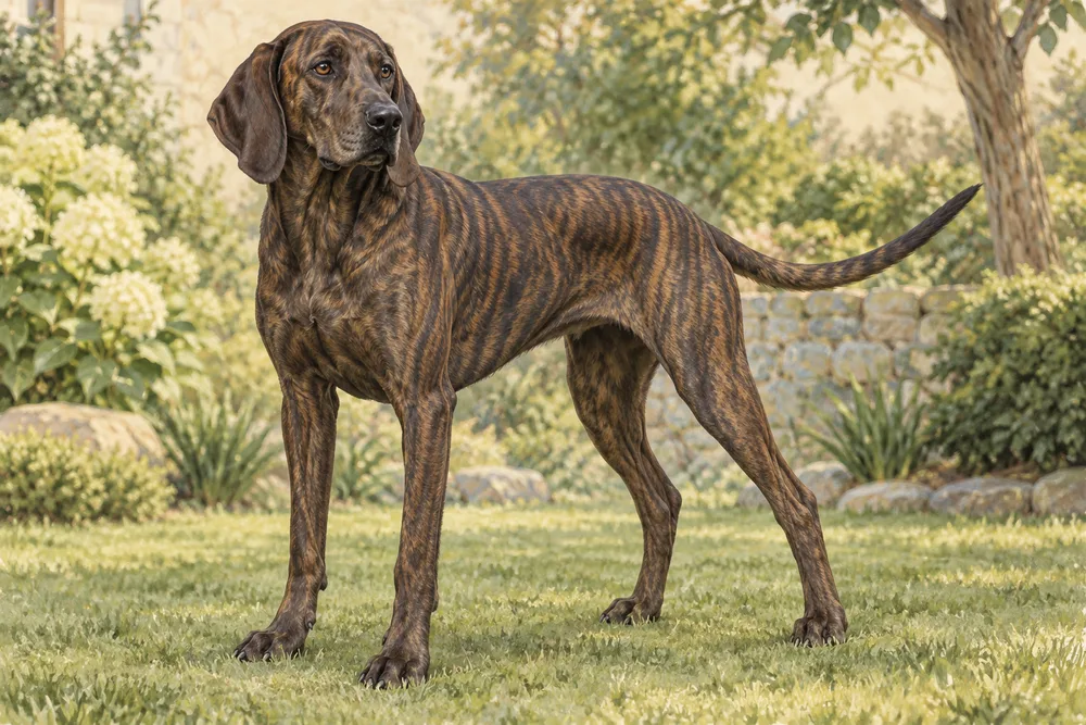 Plott hound — przykładowy wygląd zwierzęcia, ilustracja wygenerowana przez AI