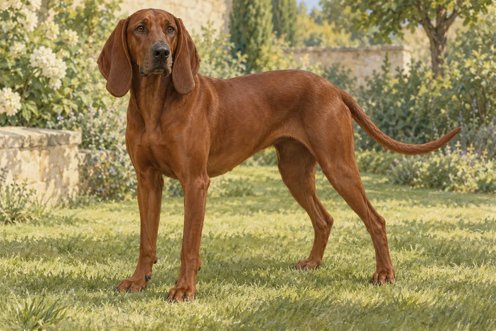 Redbone coonhound — przykładowy wygląd zwierzęcia, ilustracja wygenerowana przez AI