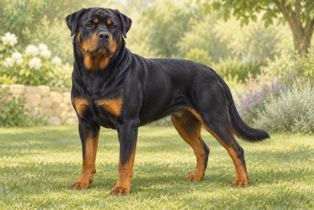 Rottweiler — przykładowy wygląd zwierzęcia, ilustracja wygenerowana przez AI