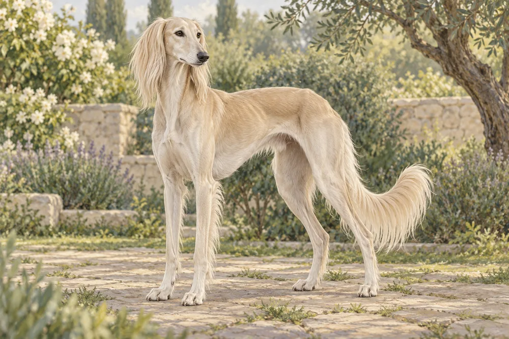 Saluki — przykładowy wygląd zwierzęcia, ilustracja wygenerowana przez AI