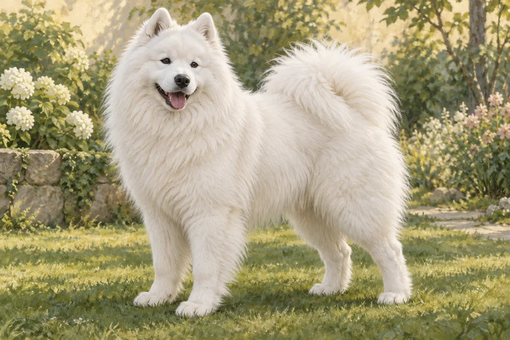 Samoyed — przykładowy wygląd zwierzęcia, ilustracja wygenerowana przez AI
