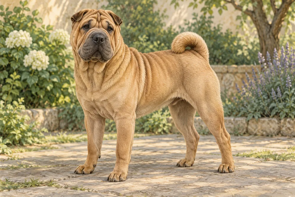 Shar pei — przykładowy wygląd zwierzęcia, ilustracja wygenerowana przez AI