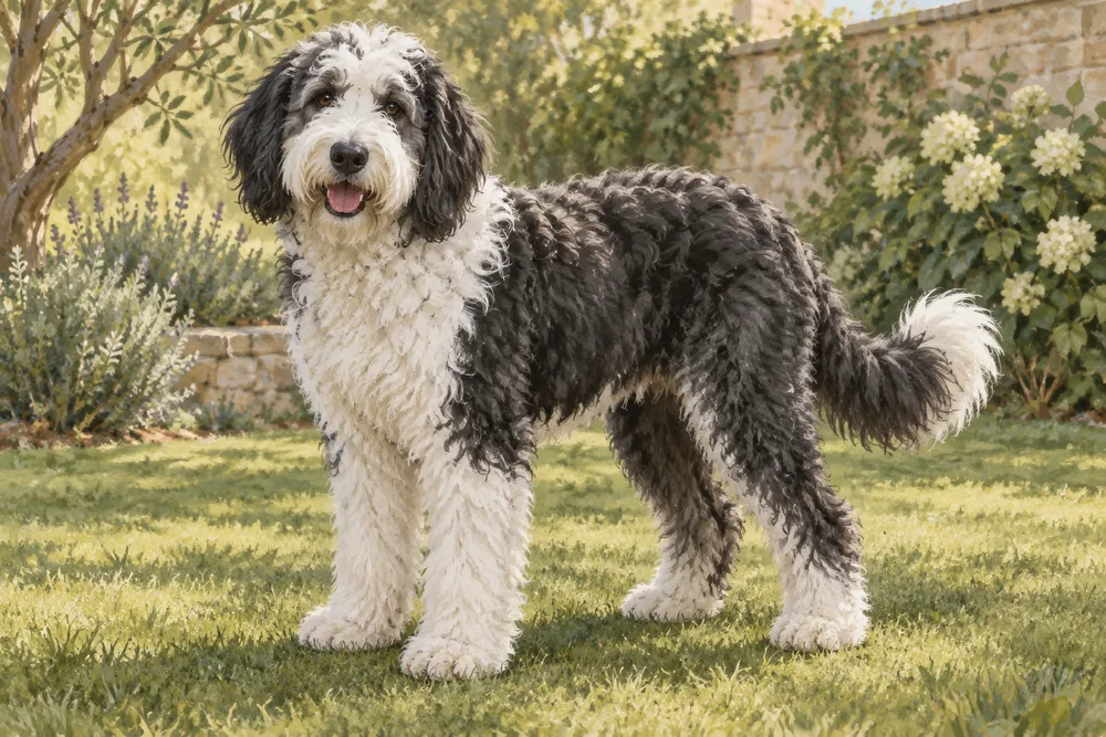 Sheepadoodle — przykładowy wygląd zwierzęcia, ilustracja wygenerowana przez AI