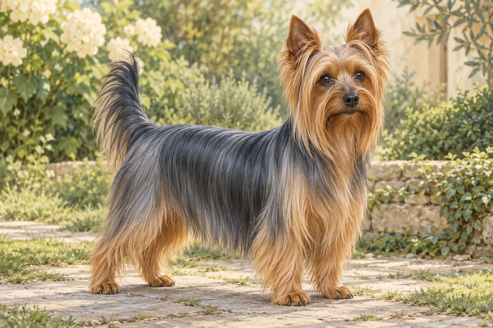 Silky terrier — przykładowy wygląd zwierzęcia, ilustracja wygenerowana przez AI