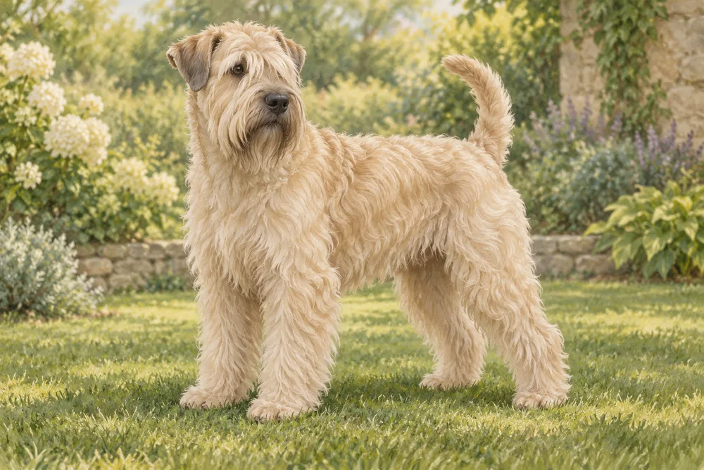 Soft coated wheaten terrier — przykładowy wygląd zwierzęcia, ilustracja wygenerowana przez AI