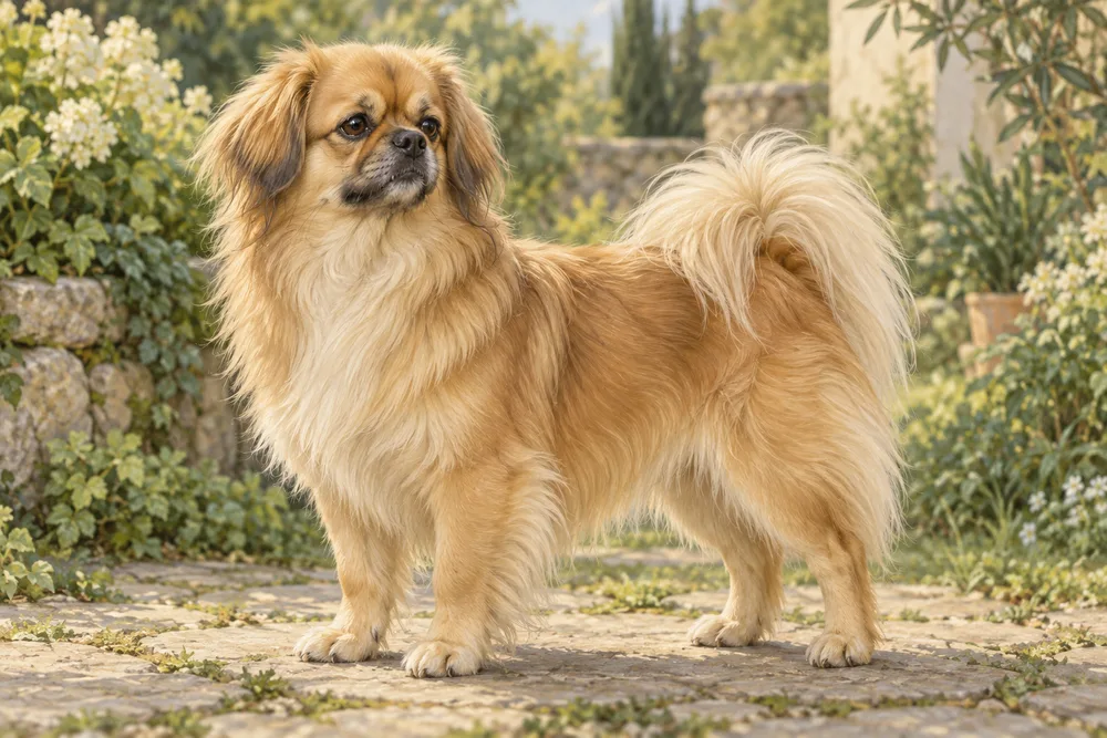Spaniel tybetański — przykładowy wygląd zwierzęcia, ilustracja wygenerowana przez AI