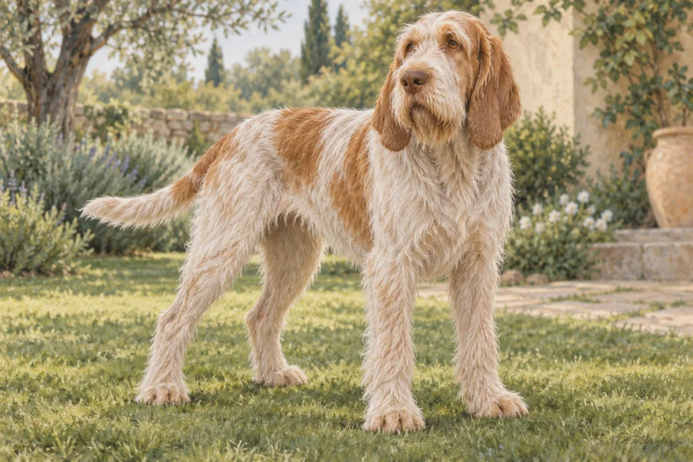 Spinone italiano — przykładowy wygląd zwierzęcia, ilustracja wygenerowana przez AI