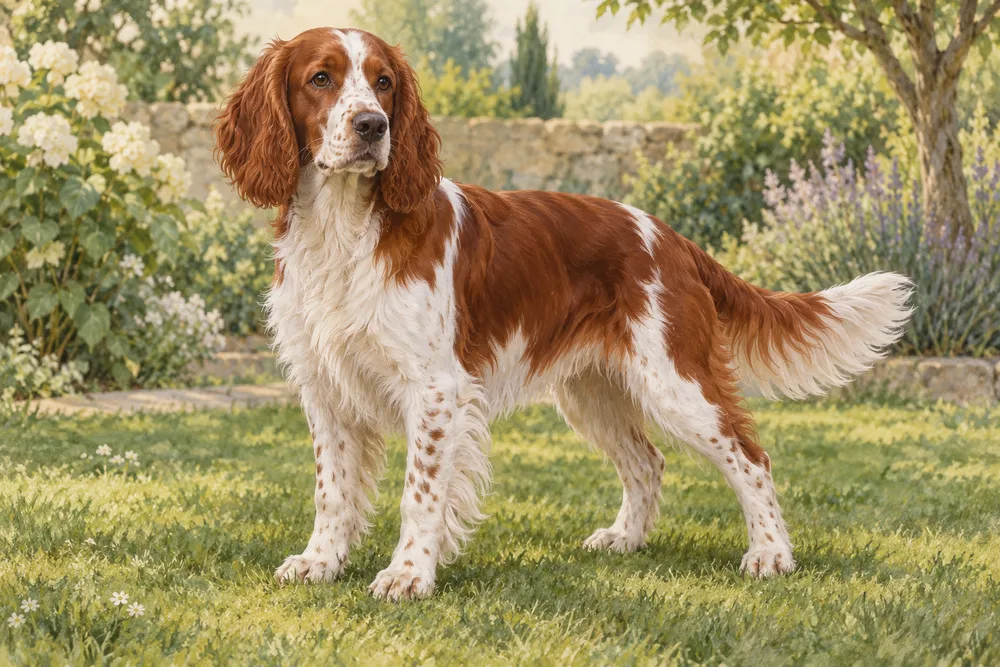 Springer spaniel walijski — przykładowy wygląd zwierzęcia, ilustracja wygenerowana przez AI