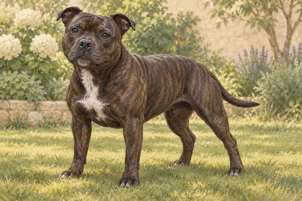 Staffordshire bull terrier — przykładowy wygląd zwierzęcia, ilustracja wygenerowana przez AI