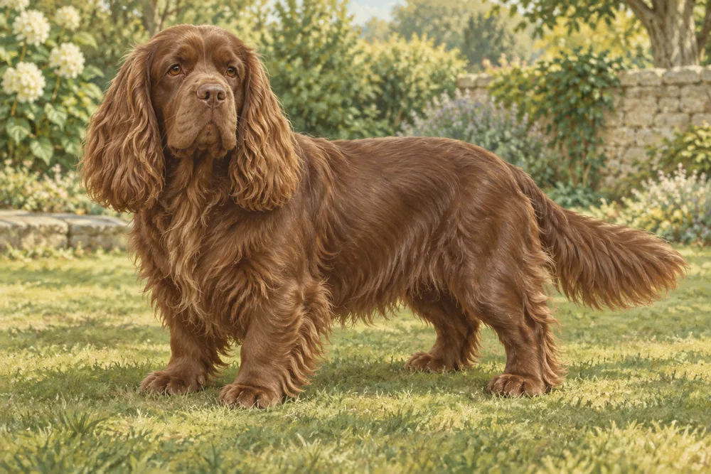 Sussex spaniel — przykładowy wygląd zwierzęcia, ilustracja wygenerowana przez AI