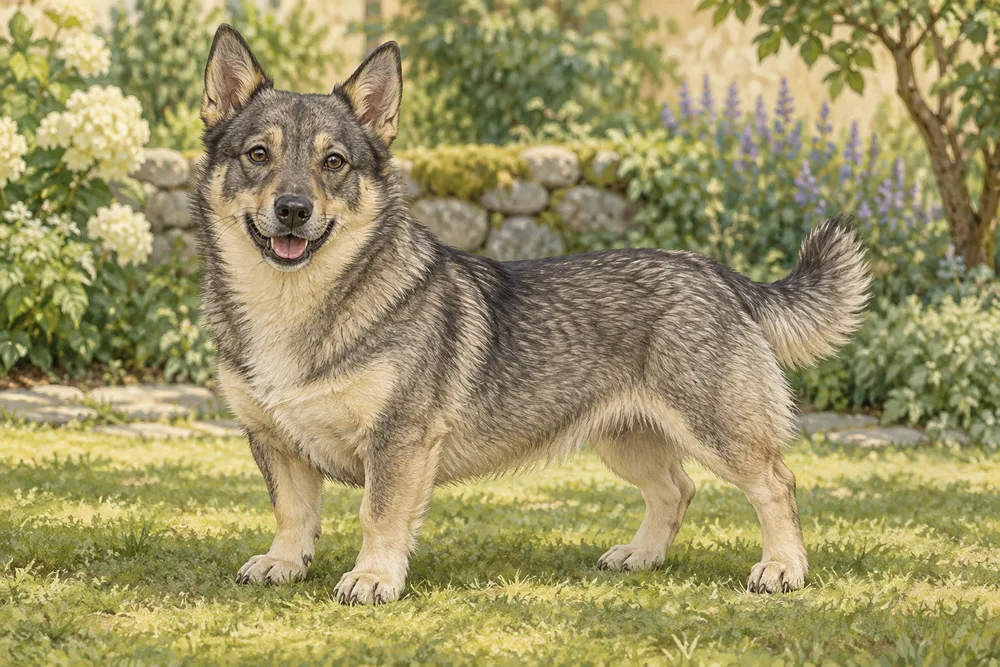 Vallhund szwedzki — przykładowy wygląd zwierzęcia, ilustracja wygenerowana przez AI