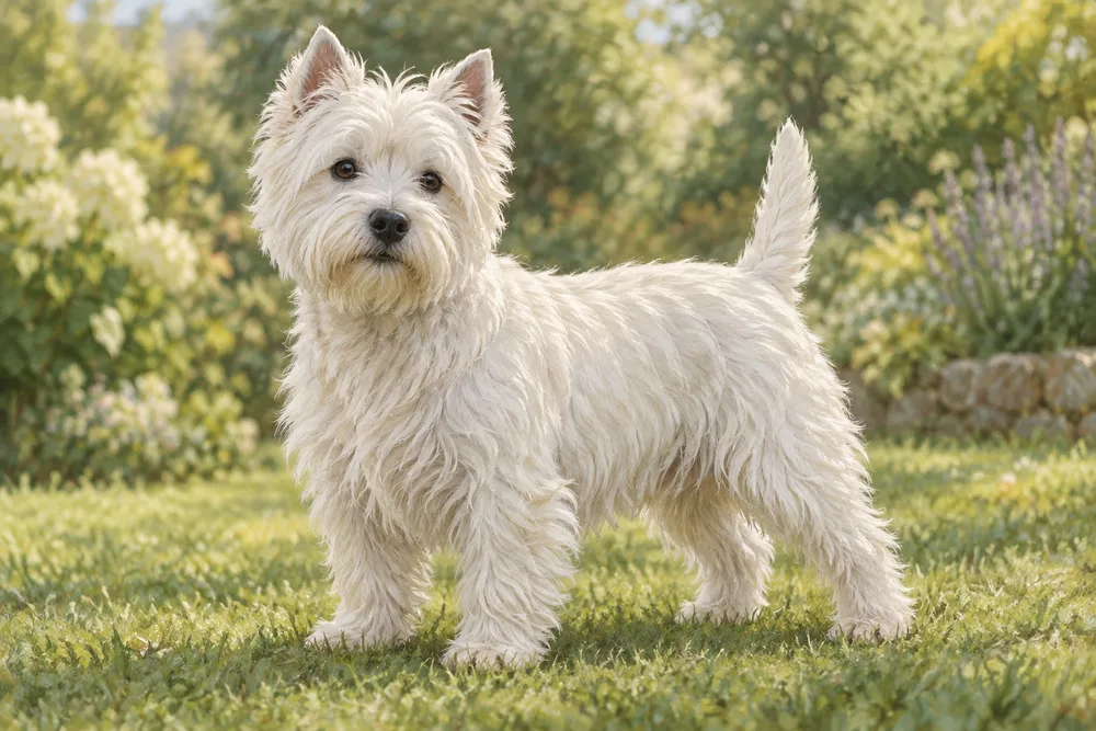 West highland white terrier — przykładowy wygląd zwierzęcia, ilustracja wygenerowana przez AI